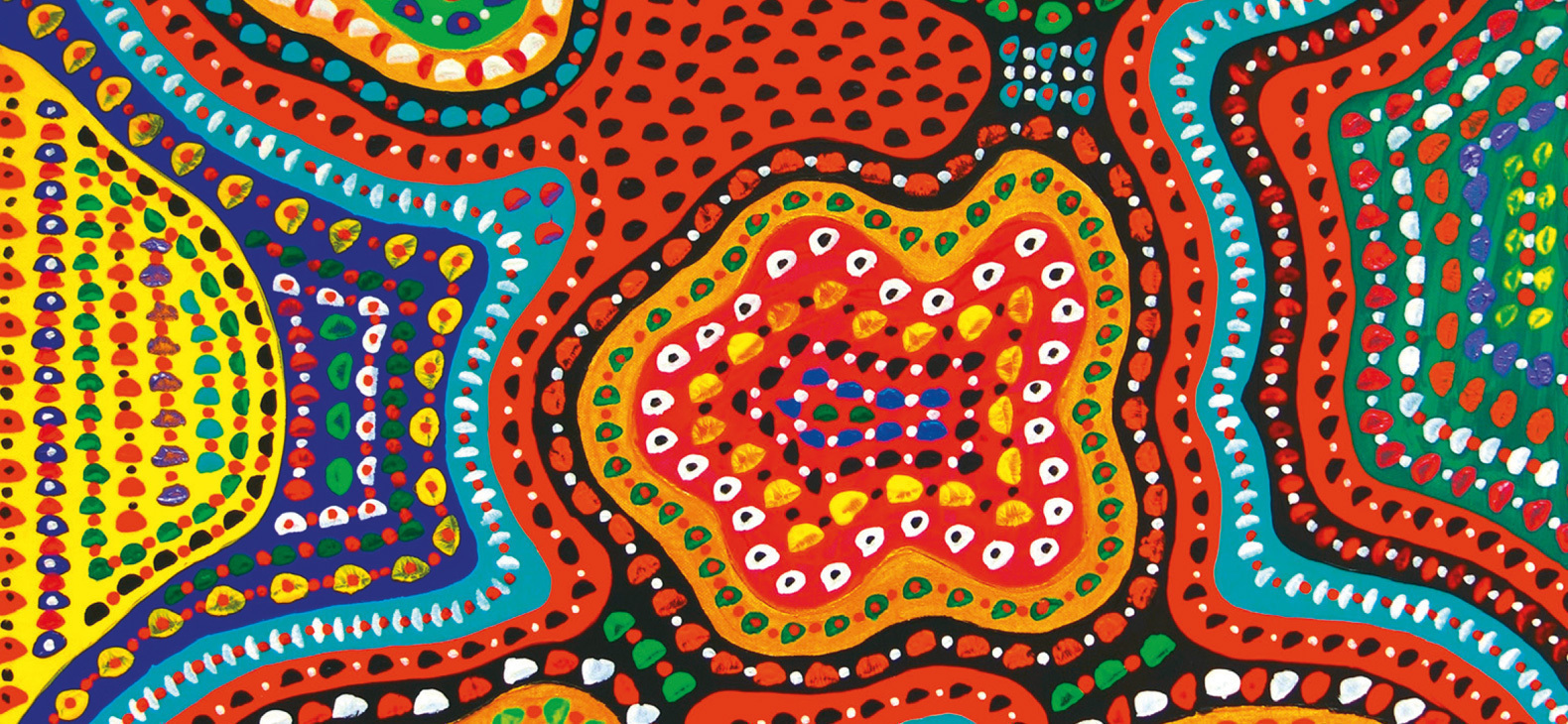 Ein Gemälde des Künslters Thomas Hobelsberger: "Farben auf Leinwand": Eine Komposition aus organischen, bunten Farbflächen in Rot, orange, Blau, Lila und Gelb. Die Farbflächen werden durch die gleichmäßige Strukturierung durch farbige kleine Kreise zu einem buntgen Ornament.