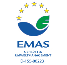 Logo mit dem Schriftzug "EMAS - Georpftes Umweltmanagement" und der Registrierungsnummer D-155-00223
