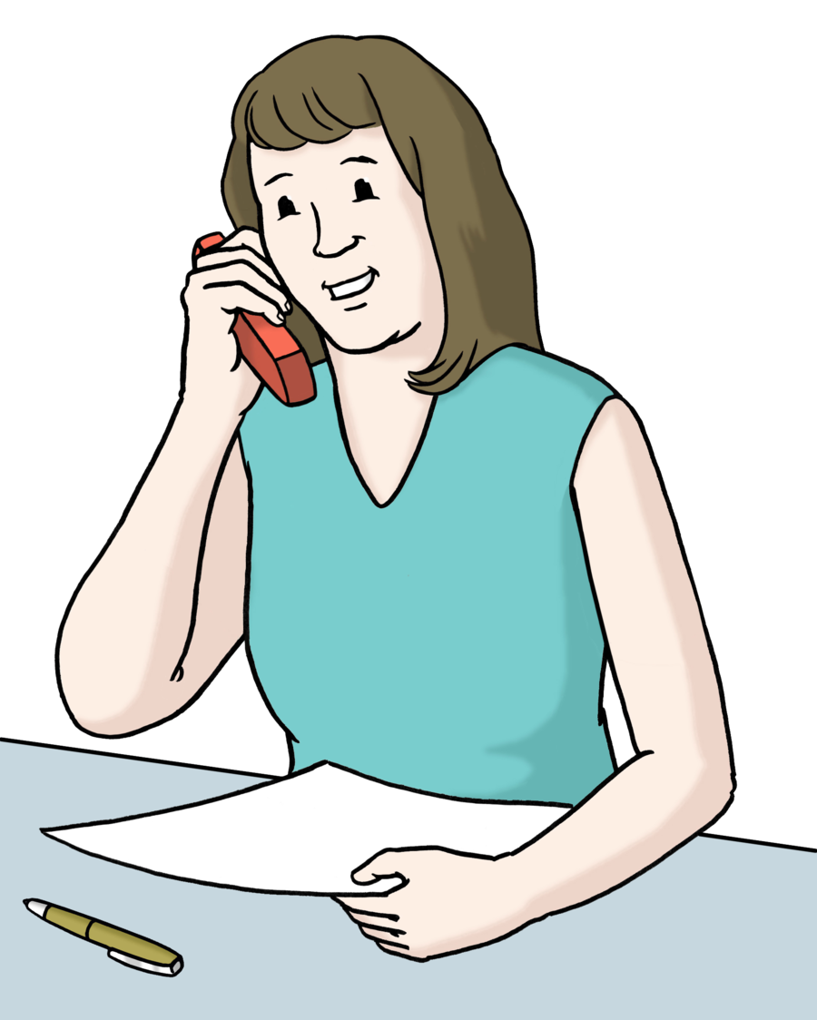 Farbige Zeichnung einer Frau am Telefon. Vor ihr liegen ein Blatt Papier und ein Stift.