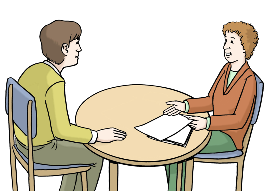 Farbige Zeichnung eines Mannes und einer Frau, die an einem Tisch sitzen. Die Frau hat vor sich Papiere liegen. Sie zeigt mit den Händen darauf und sagt etwas.