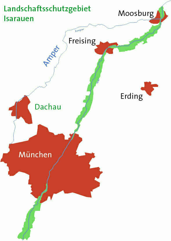 Die Karte stellt das Landschaftsschutzgebiet Isarauen dar.