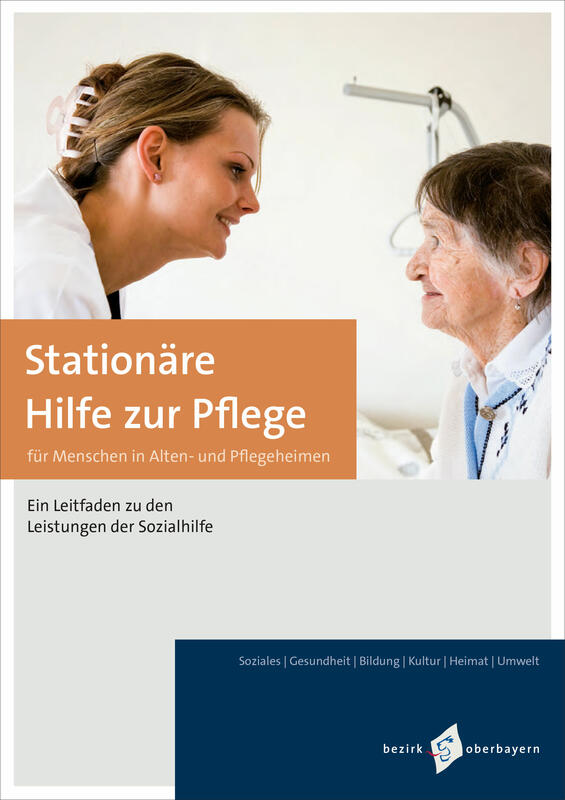 Cover der Broschre "Stationre Hilfe zur Pflege":
Eine ngere Frau inweiem Kittel lchwlt einer lteren Frau zu. Im Hintergrund erkennt man eine Pflegebett.