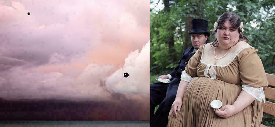 Bildmontage: Rechts ein Foto eines Paares, links ein nachbearbeitetes Foto mit Wolken