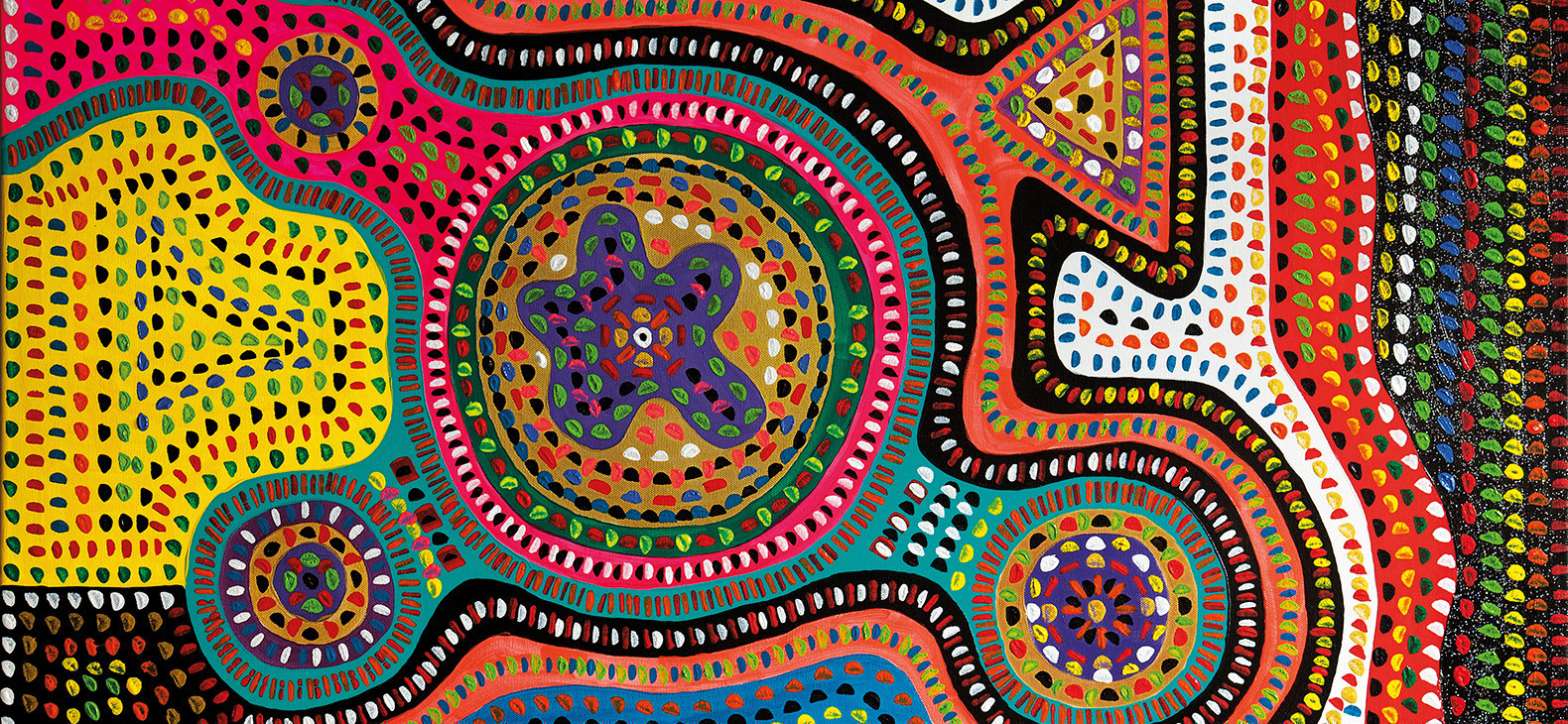 Ein Gemälde des Künstlers Thomas Hobelsberger: "Farben auf Leinwand": Eine Komposition aus organischen, bunten Farbflächen in Rot, orange, Blau, Lila und Gelb. Die Farbflächen werden durch die gleichmäßige Strukturierung durch farbige kleine Kreise zu einem buntgen Ornament.