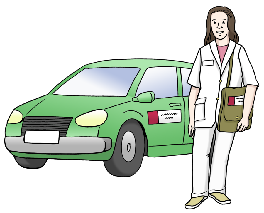Eine Frau in weißer Kleidung, die vor einem grünen Auto steht. 