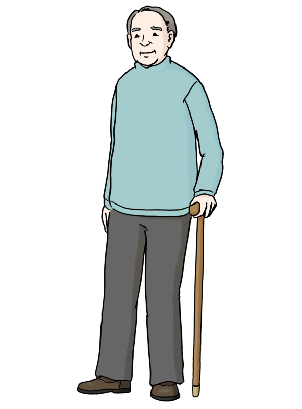 Farbige Zeichnung eines älteren Mannes mit einem Gehstock.