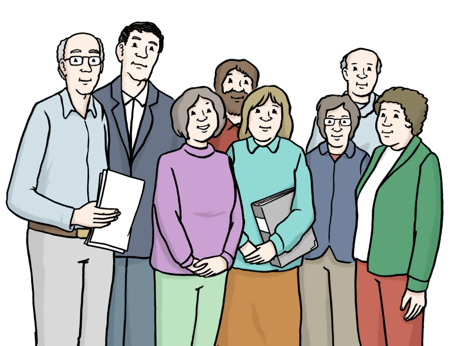 Eine Zeichnung mit einer Gruppe von acht Erwachsenen. Sie stehen eng zusammenund schauen den Betrachter an. Ein Mann hält Papierblätter in der Hand. Eine Frau hat einen Aktenordner unterm Arm. 
