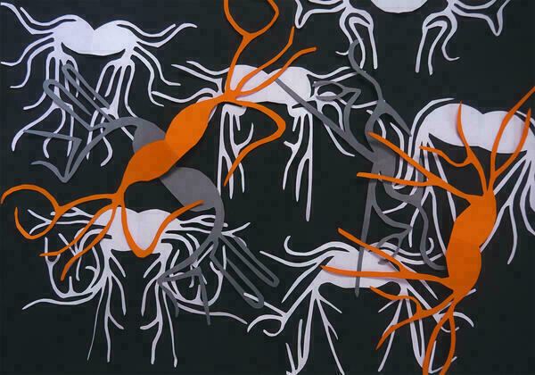Ein Scherenschnitt von Lotte Lehmann. Darauf zu sehen sind langgliedrige, krebsähnliche Figuren in den Farben hellgrau, dunklegrau und orange auf schwarzem Hintergrund. 