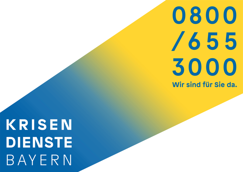 Wort-Bild-Marke der Seite www.krisendienste.bayern: Links unten der Schriftzug Kisendienste Bayern, rechts oben die kostenfreie bayernweite Telefonnummer 0800/655-300