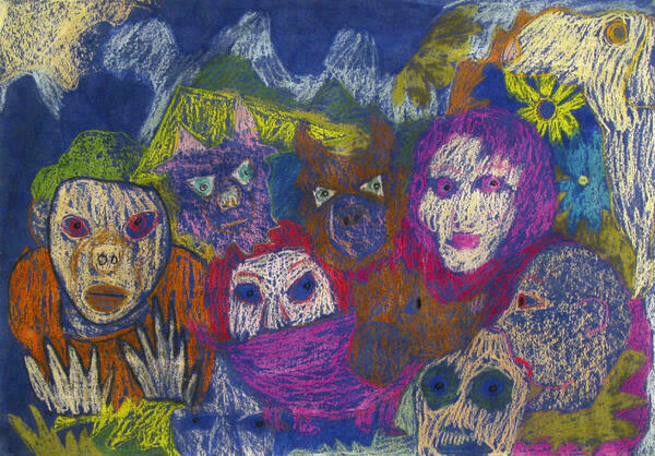Ein mit Ölkreide gezeichnetes Gemälde, das mehrere bunde Gestalten und Tiere vor einer Berglandschaft zeigt.