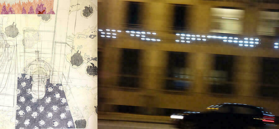 Das Bild zeigt auf der linken Seite eine Konzeptzeichnung von Silvia Wienefoet und auf der rechten Seite das verschwommene Foto einer Hausfassade und eines vorbeifahrenden Fotos