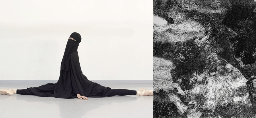 Auf der linken Seite des zweigeteilten Bildes macht eine Frau in Burka und Balettschuhen einen Spagat. Auf der rechten Seite ist eine Tuschezeichnung zu sehen.