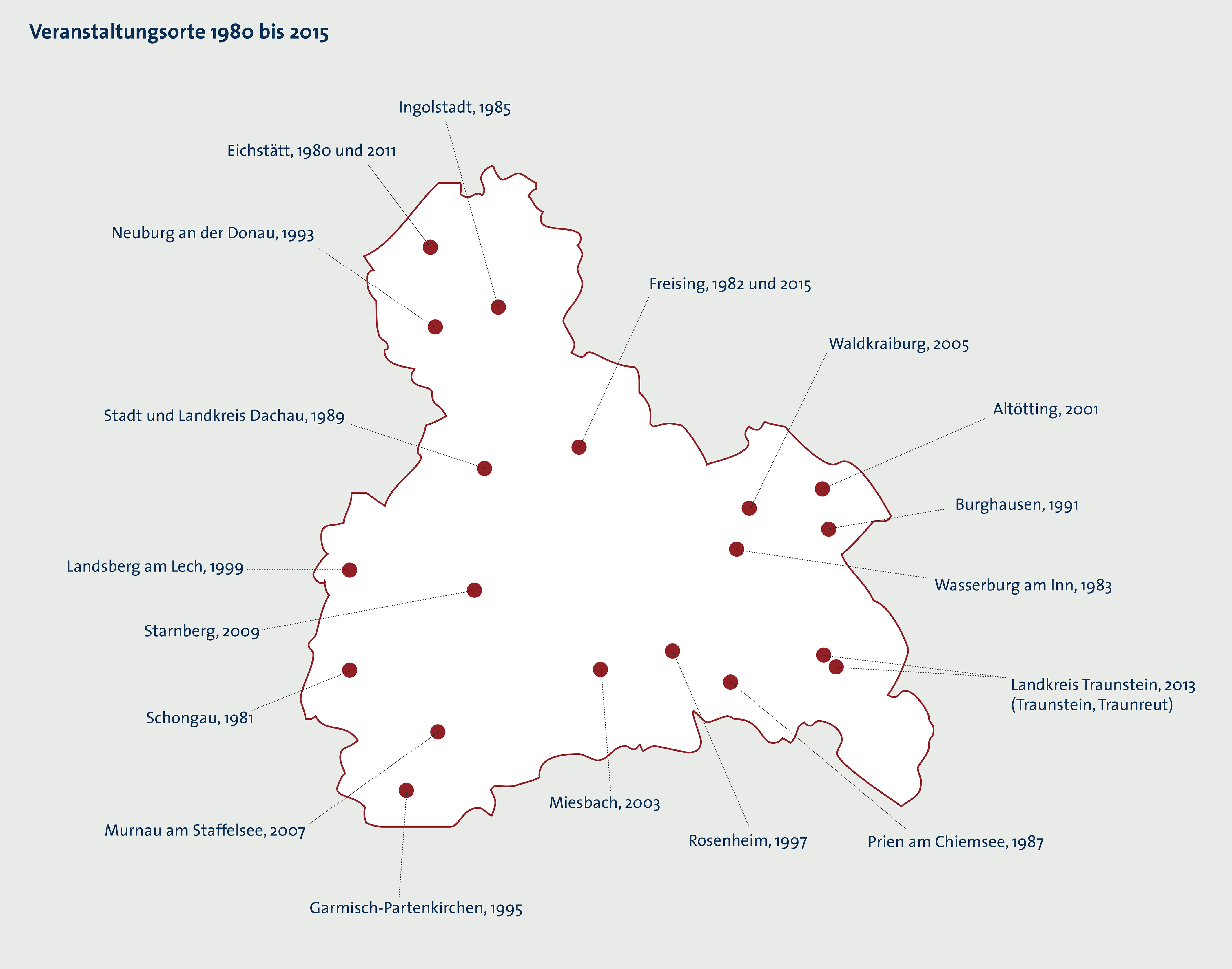 Eine Karte von Oberbayern, auf der die Veranstaltungsorte vom ZAMMA Kulturfestival von 1980 bis 2015 eingezeichnet sind