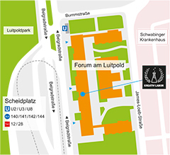 Kartenansicht vom Forum am Luitpold. Zusehen sind mehrere Straßen und der Luitpoldpark.