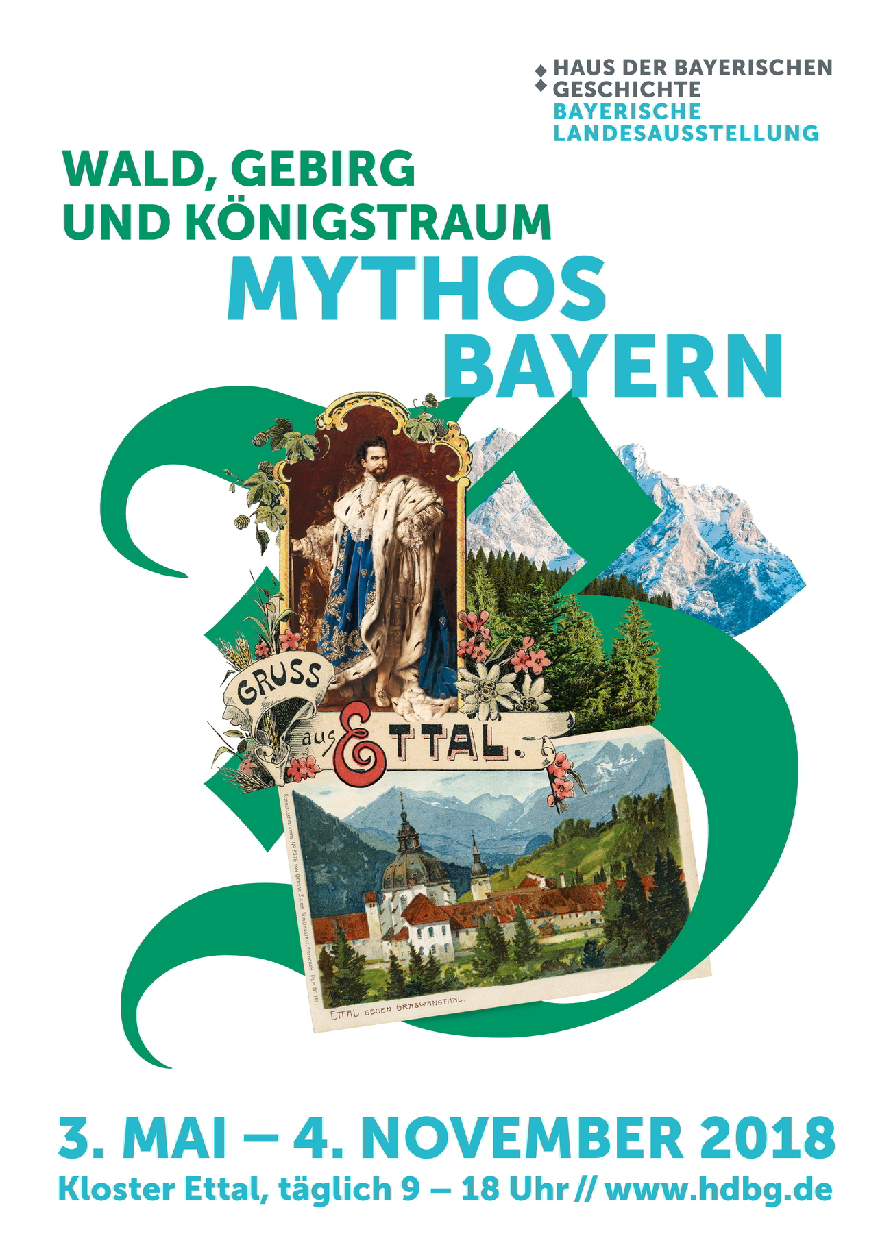 Plakatmotiv zur Bayerischen Landesausstellung 2018 »Wald, Gebirg und Königstraum - Mythos Bayern«