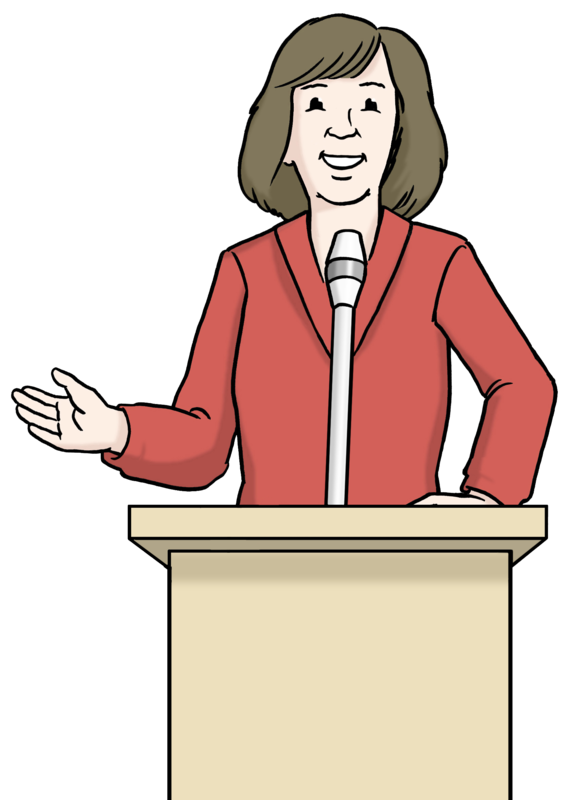 Zeichnugn einer Frau in einem roten Jacket, die hinter eine Stehpult steht und in ein Mikrofon spricht. Sie hebt ihren rechten Arm gestikulierend..