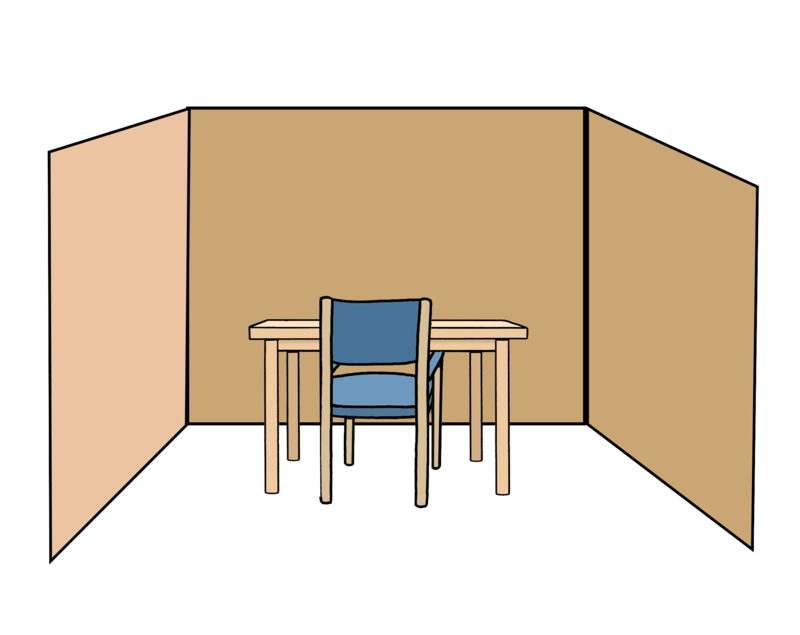 Zeichnung einer Wahl-Kabine mit Tisch und Stuhl und drei braunen Kabinen-Wänden.