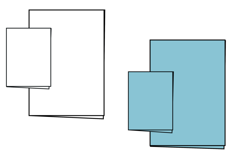 Zeichnung der vier Stimmzettel:
Zwei weiße und zwei blaue Zettel.