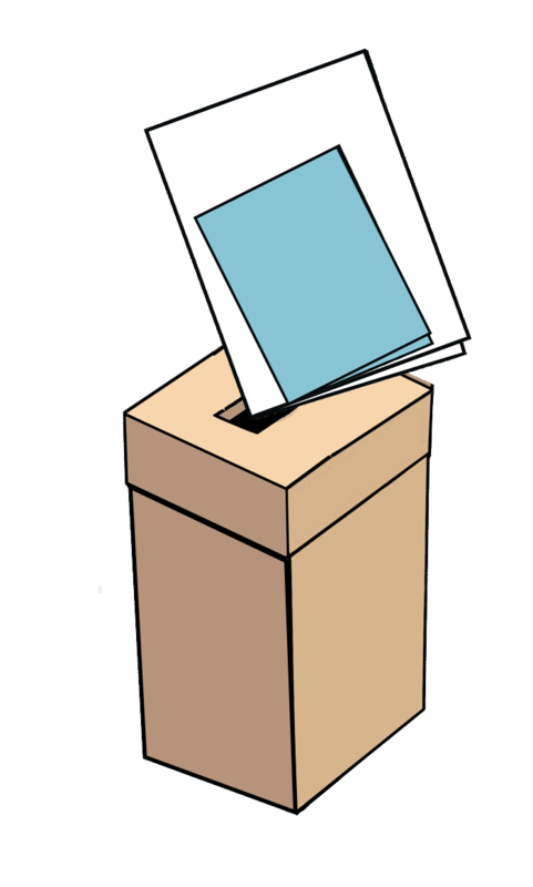 Zeichnung einer braunen Wahlurne mit einem weißen und einem blauen Stimmzeltteln, die über der Öffnung schweben. 
