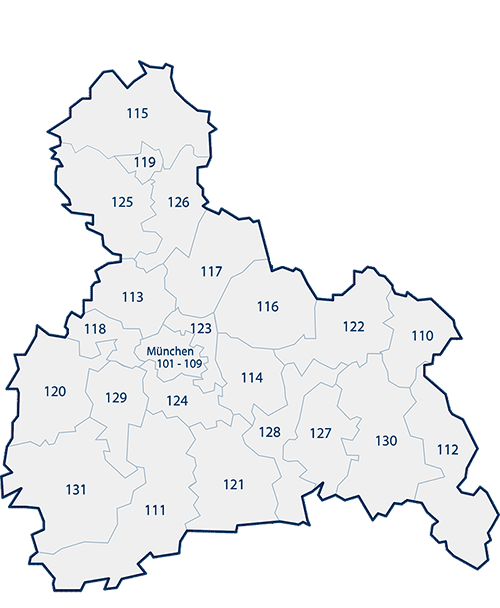 Stilisierte Karte Oberbayern mit den Grenzen und Nummern der Stimmkreise.