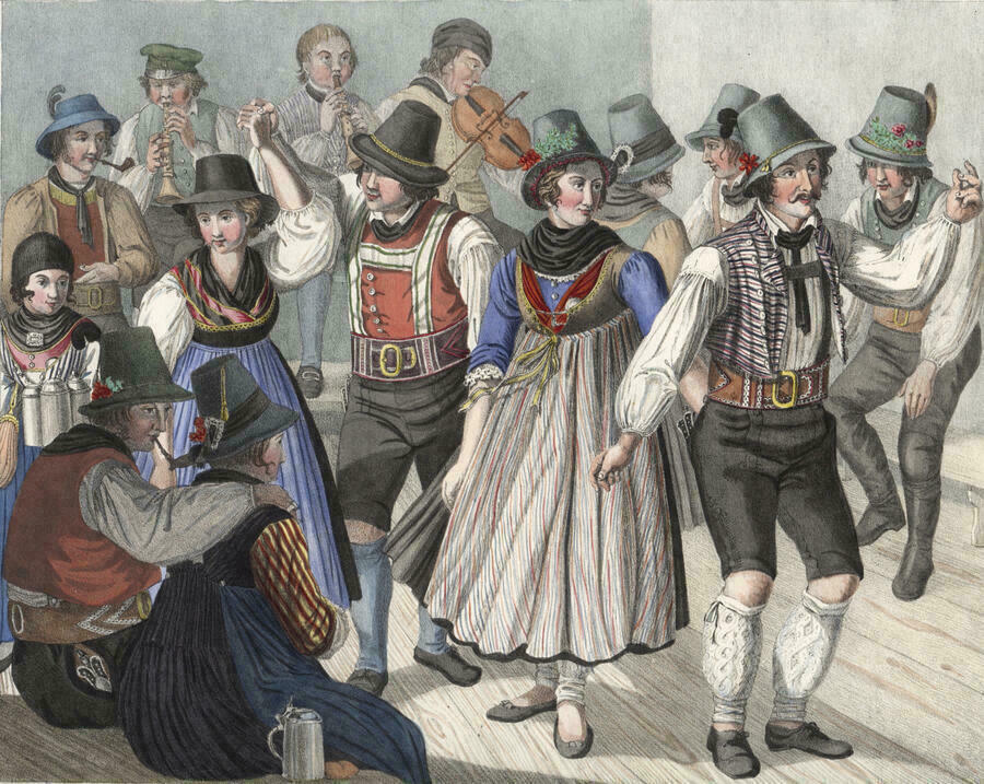 Eine Zeichnung von Menschen in traditioneller Kleidung, die tanzen. 
