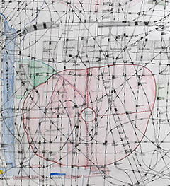 Zeichnung von Julius Hartauer mit dem Namen:
"Plan einer Landschaft 2"
Gezeichnet im Jahr 2017, mit Bleistift und Buntstift auf Papier. 
Man sieht feine Linien und Punkte, die Straßen und Bahnlinien einer imaginären Karte darstellen. in der Mitte ist ein rötliche Fläche zu erkennen.