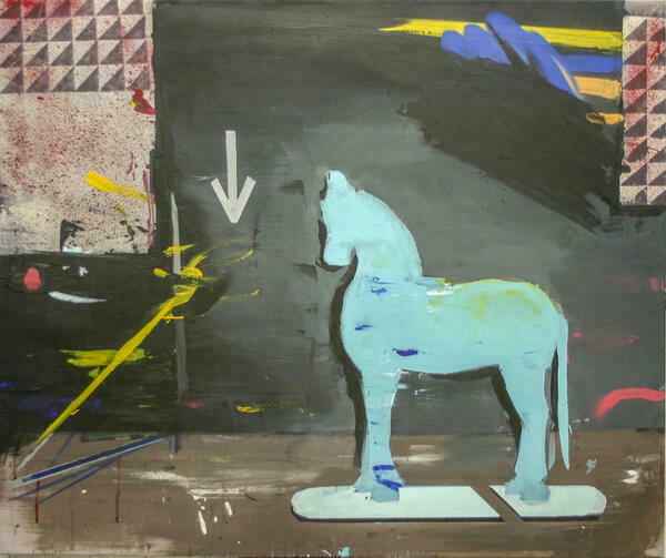 Abstraktes Gemälde, in dessen MIttelpunkt eine türkise Silhouette eines Pferdes steht.