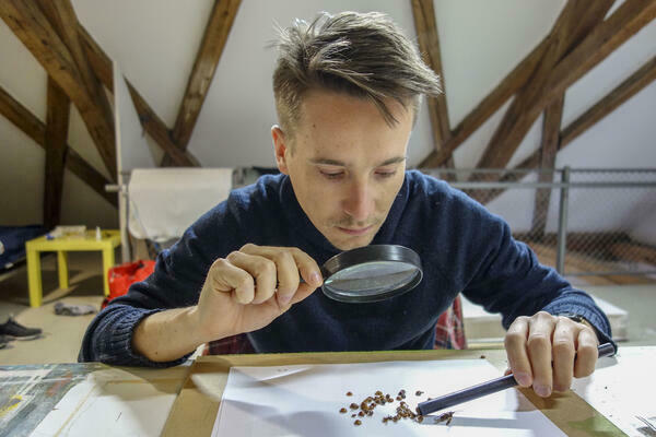 Ein Mann betrachtet durch eine Lupe kleine Objekte vor ihm auf dem Tisch, die er mit einer Pinzette sortiert.