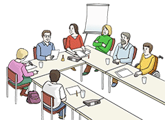 Zeichnung mit Menschen, die um eien Hufeisenförmigen Tisch sitzen  und sprechen. Vor sich haben sie Schreibzeug liegen.