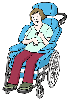 Zeichnung einer Frau in einem Rollstuhl mit hoher Lehne und zusätzlichen Stützpolstern.