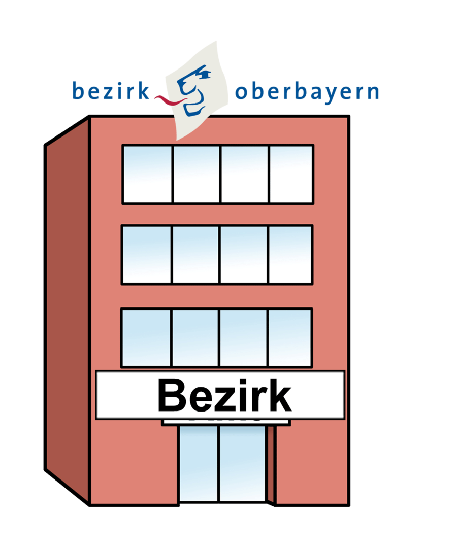 Farbige Zeichnung einer Büro-Gebäudes mit dem Logo vom Bezirks Oberbayern. Über der Tür steht Bezirk. 