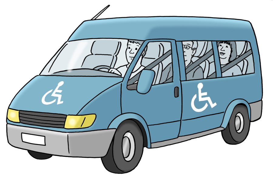 Farbige Zeichnung eine blauen Kleinbuses mit aufgemaltem Rollstuhl-Symbol. Es ist der Behinderten-Fahrdienst.