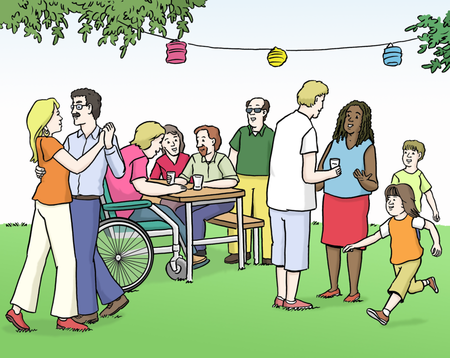 Farbige Zeichnung einer Gartenfeier mit Lampions und spielenden Kindern und einem tanzenden Paar auf einer grünen Wiese. Im Hintergrund sitzen Menschen an einem Tisch mit Getränken. Einer davon sitzt im Rollstuhl.