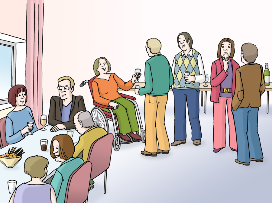 Farbige Zeichnung von Menschen in einem Raum. Einge sitzen an einem Tisch. Andere stehen im Raum und unterhalten sich. Einige Menschen halten Gläser in den Händen. 