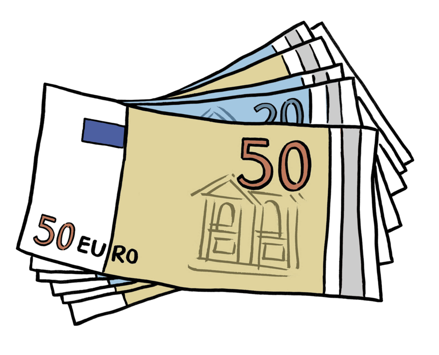 Zeichnung von sechs Geldscheinen, die übereinander liegen. Es sind Fünzfig- und Zwanzig-Euro-Scheine