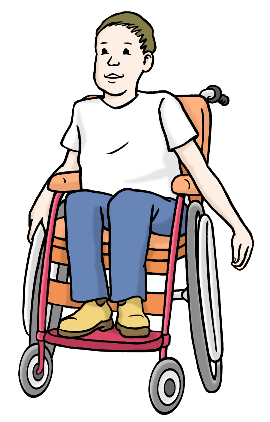 Farbige Zeichnung eines Jungen in einem Rollstuhl.