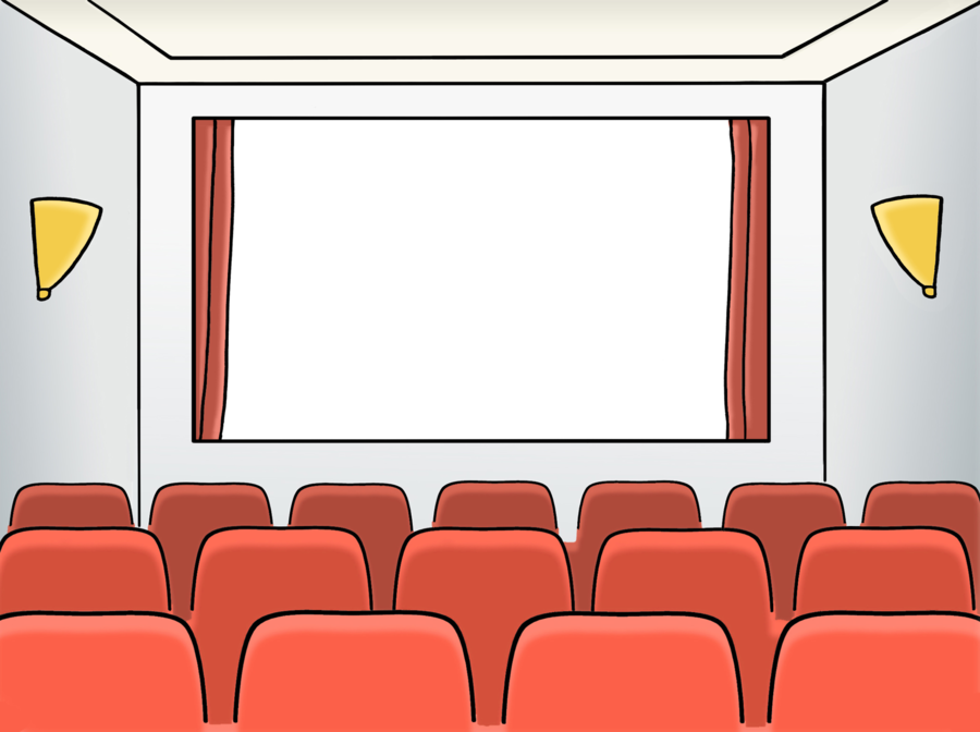 Farbige Zeichnung eines leeren Kinosaals mit roten Sesseln. 