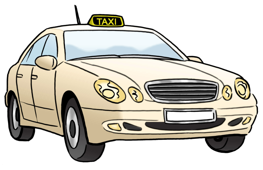 Farbige Zeichnung eines gelben Taxis, das nach Rechts ins Bild fährt.