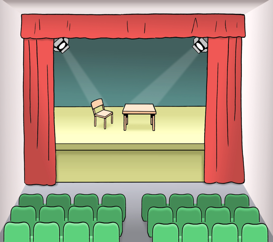 Ein leeres Theater. Auf der Bühne steht ein Tisch und ein Stuhl.