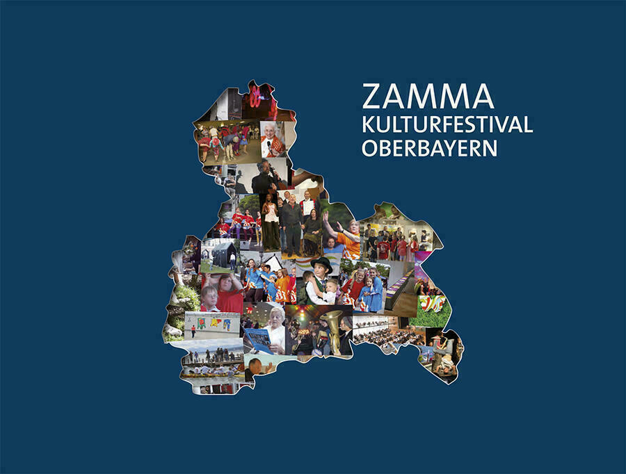 Titel als Collage mit den mit Fotos gefüllten Umriss von Oberbayern und dem Schriftzug ZAMMA - Kulturfestival Oberbayern auf dunkelblauem Grund.