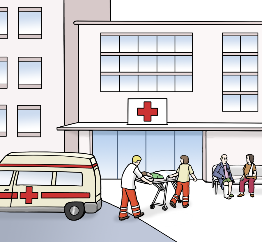 Ein Krankenwagen steht vor einem Krankenhaus. Zwei Menschen schieben einen anderen Menschen auf einer Liege in das Krankenhaus.