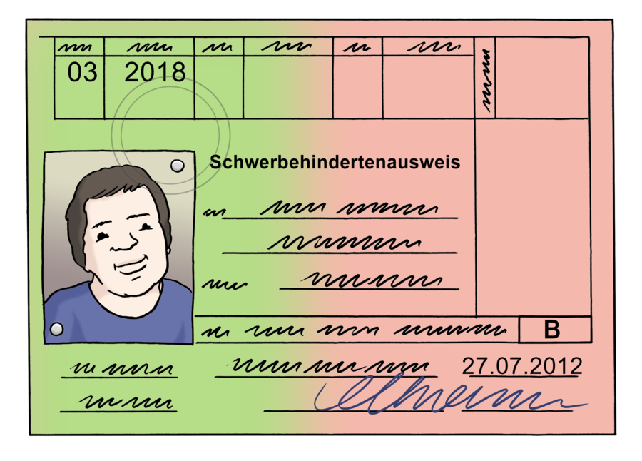 Farbige Zeichnung eines Schwerbehindertenausweises. Der Ausweis ist halb grün halb rosa. Man erkennt ein Passfoto.