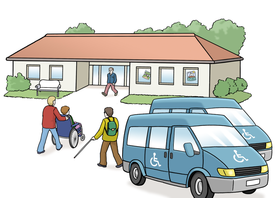 Farbige Zeichnung eines Hauses mit Transport-Bussen davor. Menschen gehen zum Eingang des Hauses. Ein Mensch ist im Rollstuhl und ein anderer hat einen Blindenstock. Das Haus ist eine Tagesstätte.