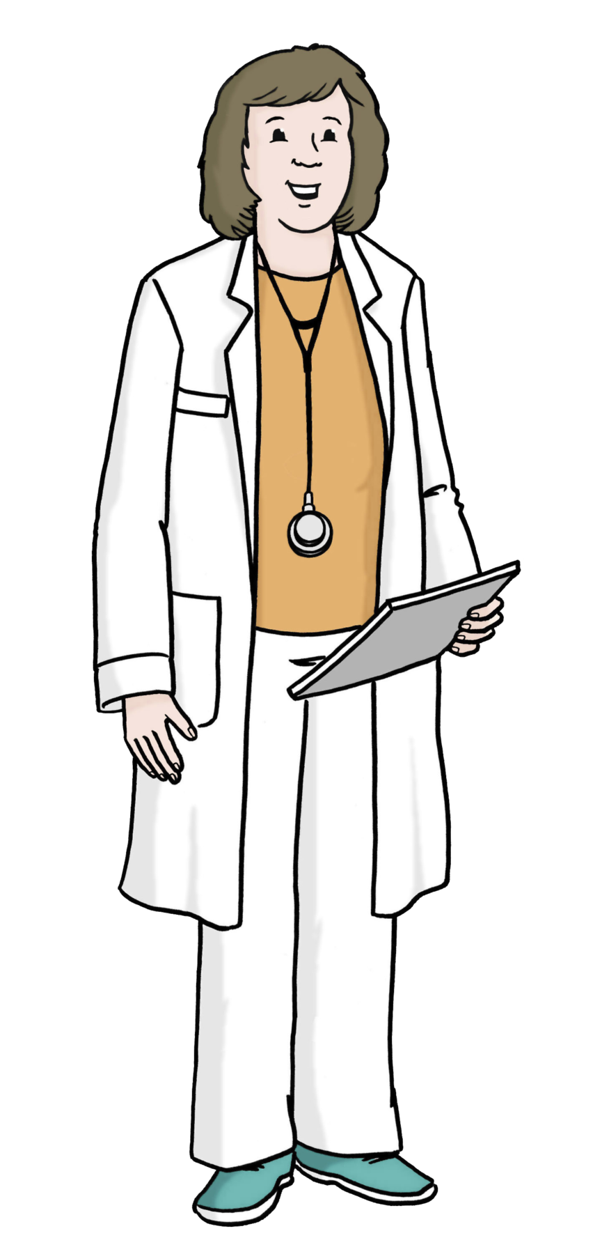 Eine Ärztin mit weißer Kleidung und Stetoskop um den Hals. Mit einem Stetoskop kann man hören ob Menschen Husten haben. 