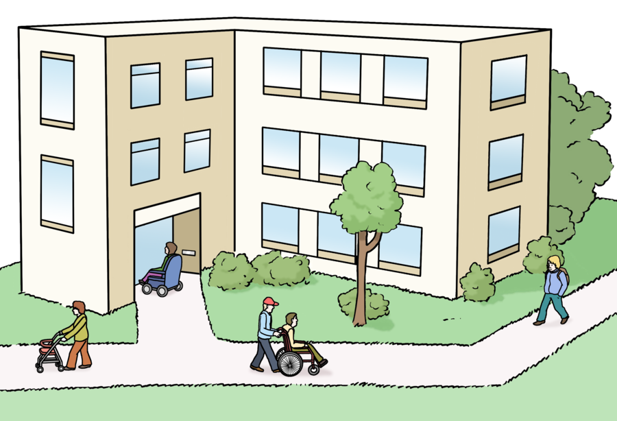 Zeichnung eines Hauses mit Wiesen und Wegen. Auf den Wegen sind Menschen. Einige der Menschen sind im Rollstuhl oder mit Rollator unterwegs.