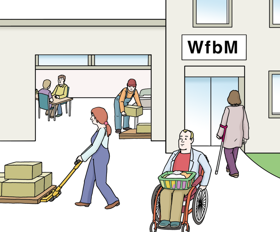 Farbige Zeichnung einer Werkstatt für Menschen mit Behinderung. Eine Frau in einem blauen Overall fährt eine Palette mit Kartons. Ein Mann im Rollstul transportiert etwas auf seinen Beinen. In einem Gebäude sieht man noch mehr Menschen arbeiten.
 