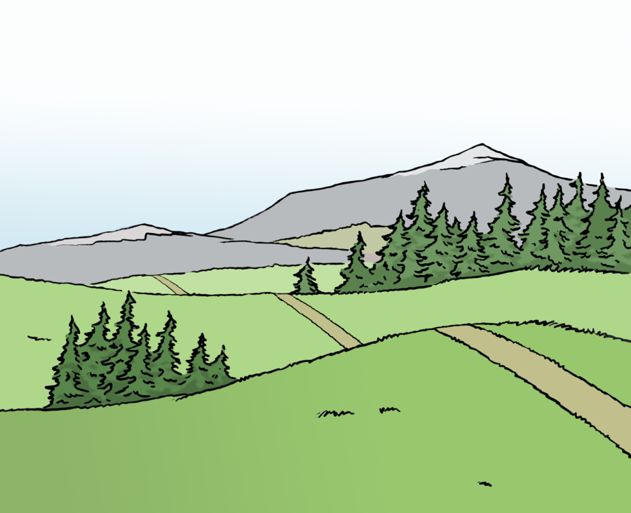 Farbige Zeichnung einer Landschaft mit Wiesen und Hügeln und Wäldern und Bergen.
