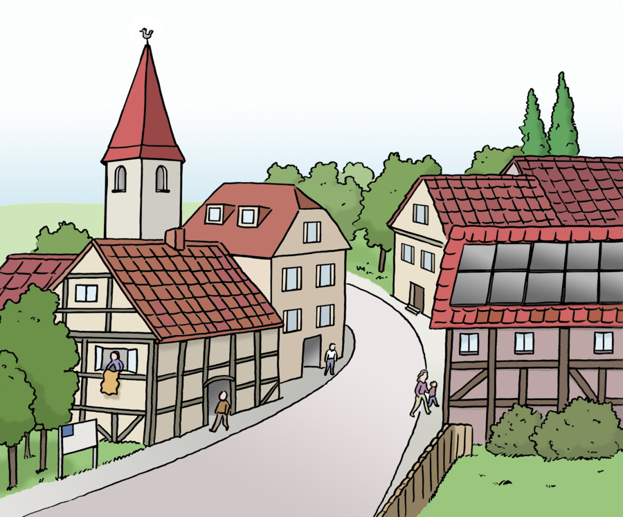Zeichnung eines Dorfes mit einer Straße, Fachwerkhäusern, einem Kirchturm und Bäumen.
