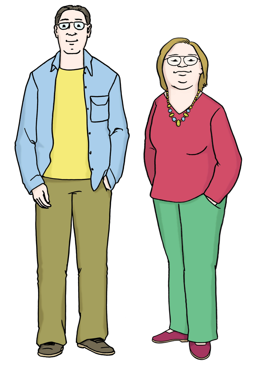 Farbige Zeichnung von einem Mann und einer Frau, die nebeneinander stehen und den Betrachter freundlich anschauen. 