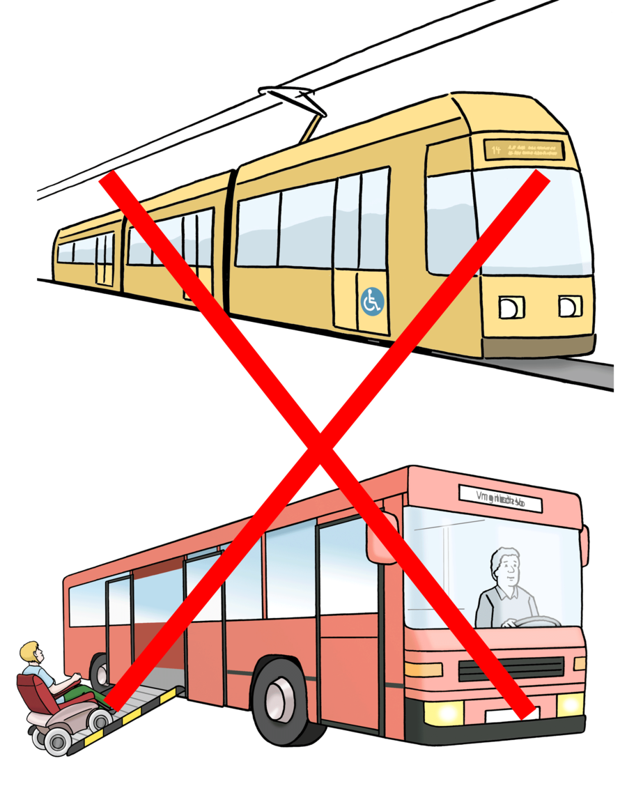 Farbige Zeichnung eines Buses mit einer Rampe für einen Rollstuhl und einer Straßenbahn, die beide mit einem roten X durchgestrichen sind.